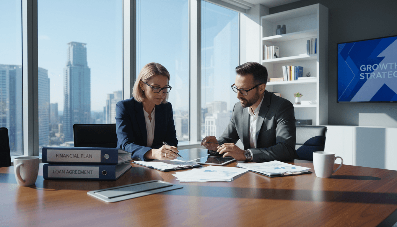 Small business owner reviewing financing documents with an advisor in a bright, modern office