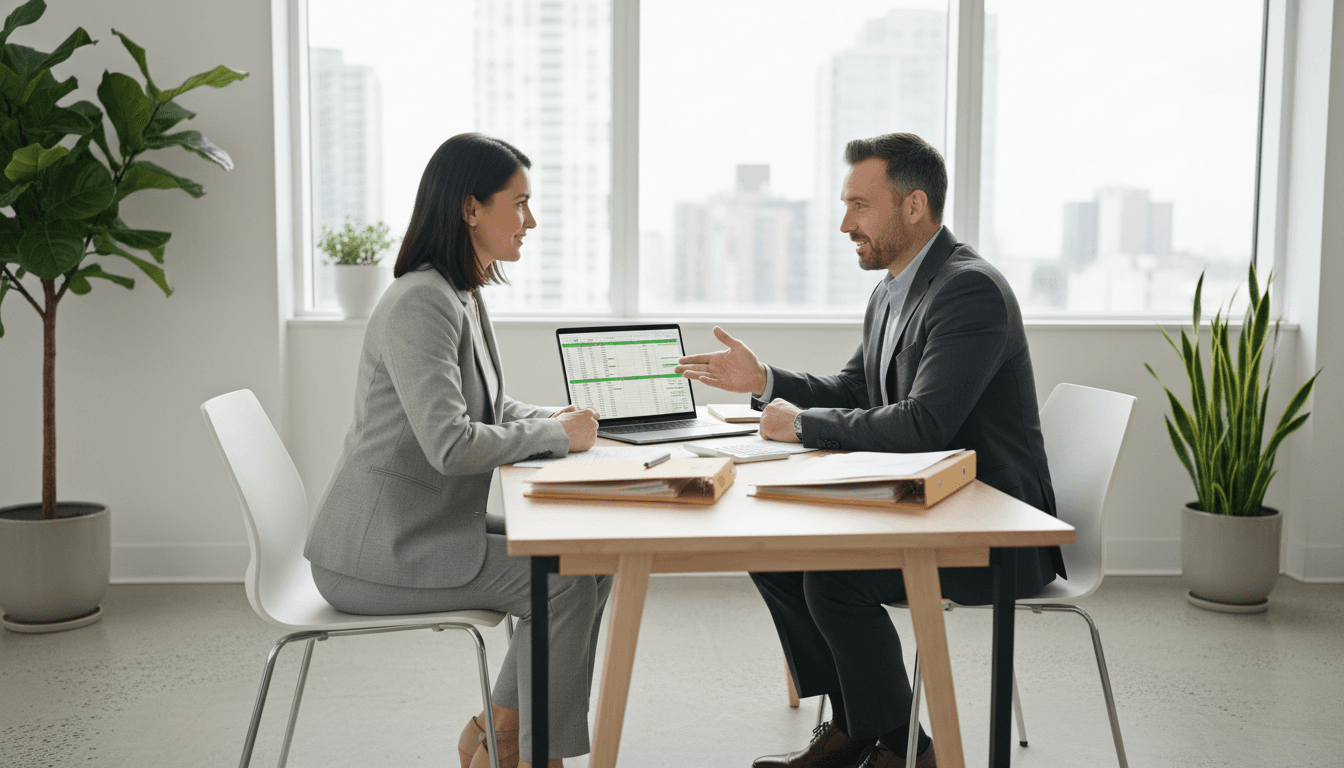 business owner shaking hands with financial advisor in modern bright office