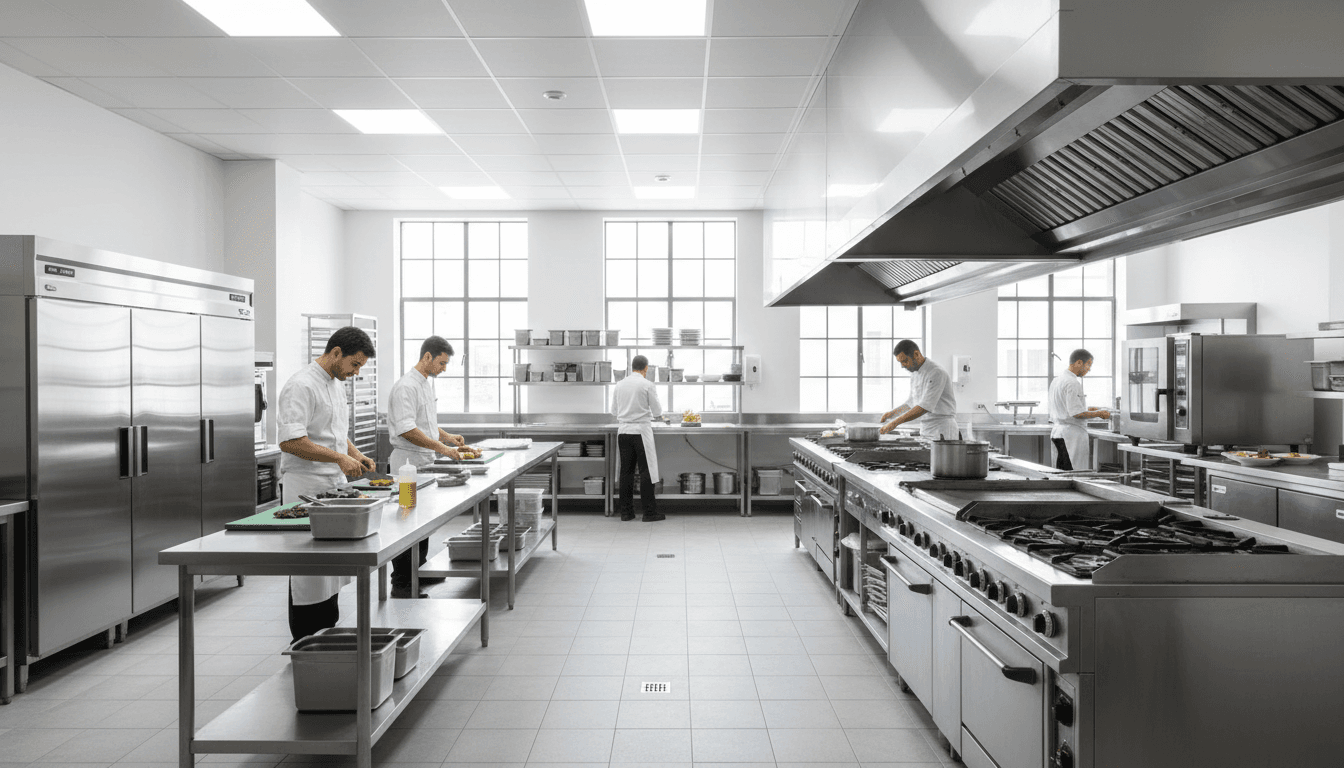 Commercial kitchen equipment in a restaurant