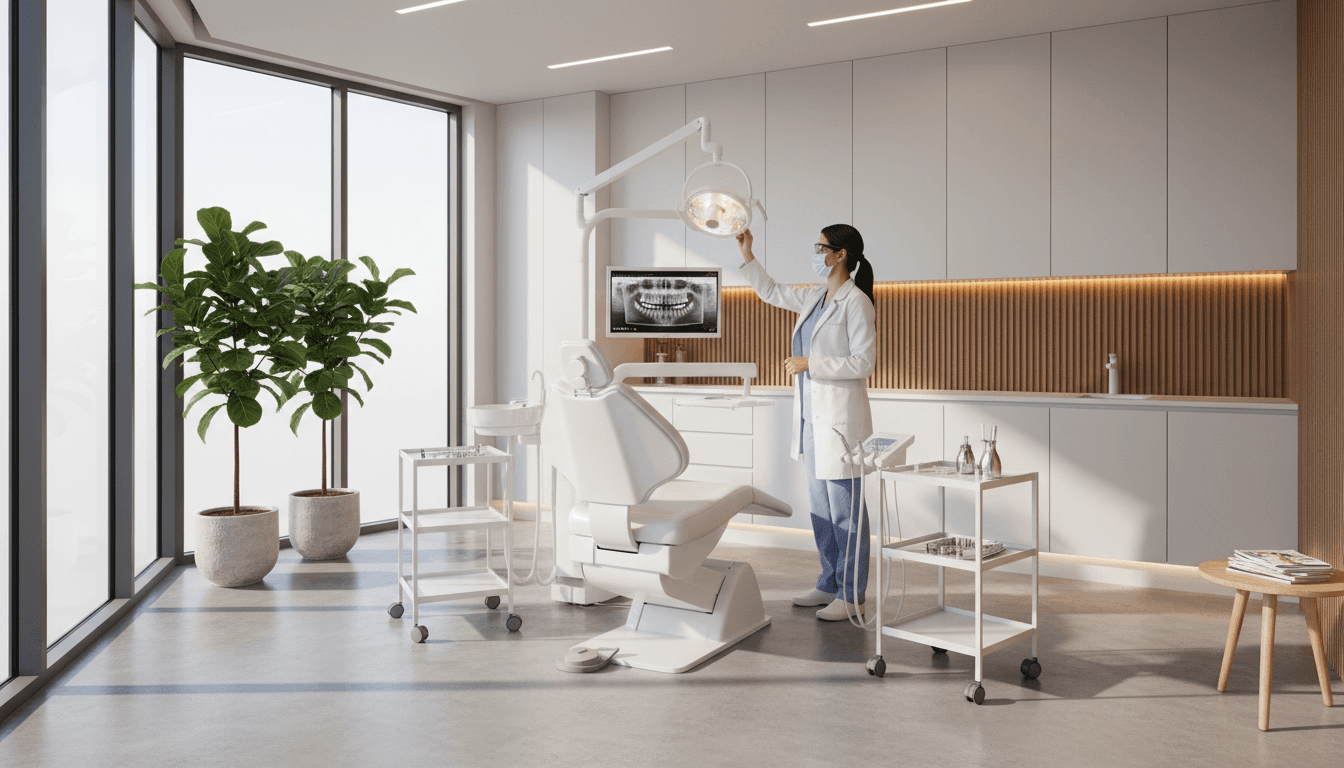 Modern dental operatory with a cream-colored dental chair, overhead LED surgical light, intraoral camera arm, and stainless steel delivery unit with handpieces and a digital sensor tray, bright clinical daylight, photorealistic
