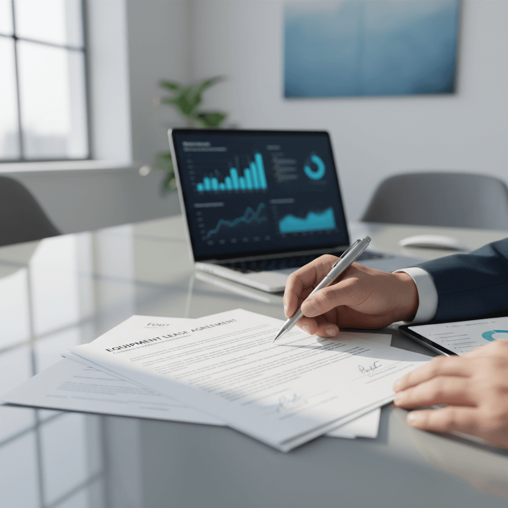 Small business owner reviewing equipment financing documents at a desk in a bright modern office